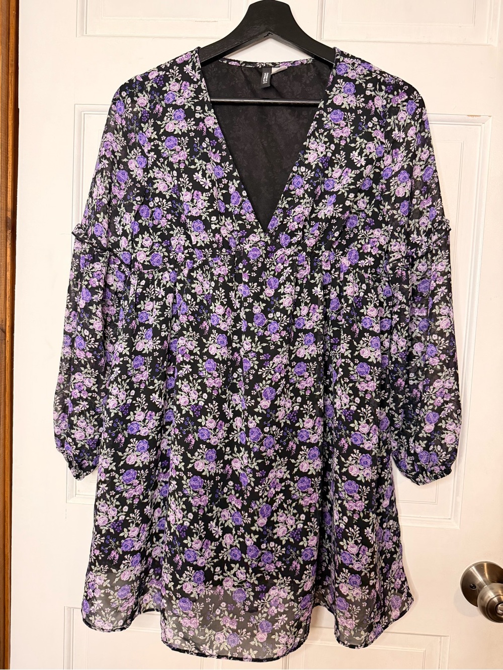H&M Black Mini Dress with Purple Floral Print